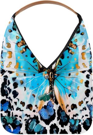 Generic Art Blue Butterfly Leopard Print Reusable Lightweight Grocery Bags - Foldable Into Compact Pouch, Washable & Sturdy, Multipurpose for Shopping and Tra