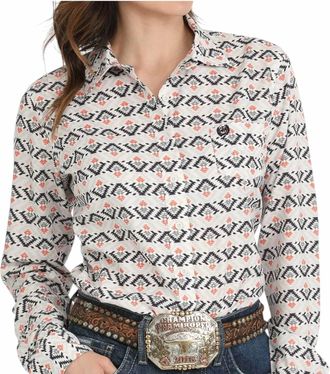 Cinch Womens Southwest Sally Print Arena Shirt In White, Orange, Grey Black