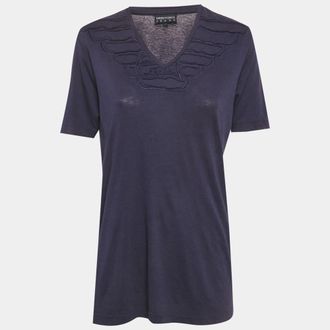 Emporio Armani Jeans Blue Jersey Ruffled V-Neck T-Shirt L