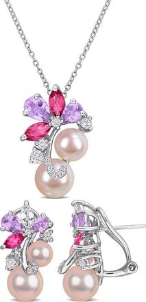 Delmar 6-9mm Pink Cultured Freshwater Pearl & Stone Cluster Pendant Necklace & Stud Earrings Set in Purple Multi at Nordstrom Rack