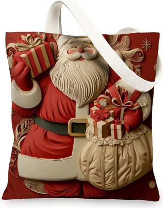 Generic 3D Relief Style Christmas Santa Claus Canvas Tote Bag for Shopping 13x15, Fun Vintage Xmas Reusable Grocery Print Bag for Women, New Year Beach Aesthe