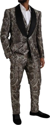 Dolce & Gabbana Mens Brown Floral Jacquard Formal 3 Piece Suit Polyester Silk