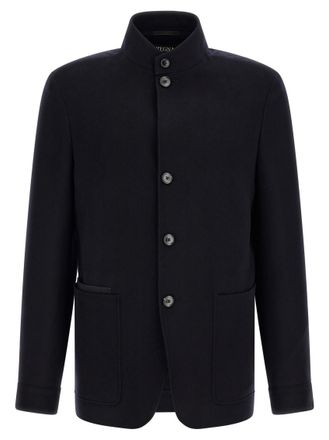 Ermenegildo Zegna Blue Solid Mandarin Collar Jacket