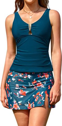 SHEKINI Womens Tankini Swimsuits with Skirt V Neck Top Tummy Control Skirted Bikini Bottom High Waisted Swimwear, Blue Flower, X-Large