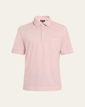 Ermenegildo Zegna Mens Leather-Trim Pocket Pique Polo Shirt