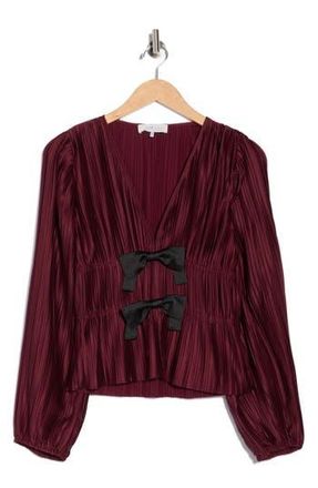Wayf Bow Long Sleeve Plissé Top in Aubergine at Nordstrom Rack, Size X-Small