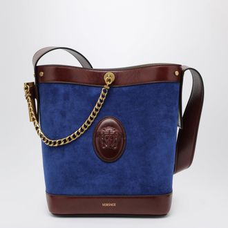 Versace Small Pivot bucket bag in suede and leather blue