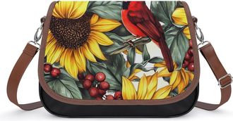 Generic Cardinal Sunflower Bird Crossbody Bags for Women Fashion Leather Shoulder Handbags With Adjustable Strap