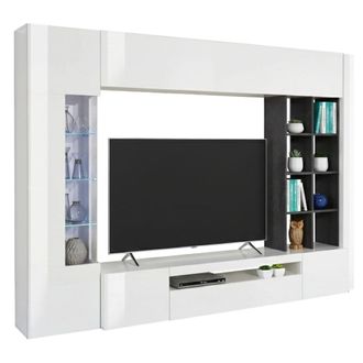 Dmora Dmora - Pared Equipada Dlazzar, Conjunto De Sal&oacute;n Con Soporte Tv, Mueble Sal&oacute;n Polivalente Con Luz Led, 100% Made In Italy, Cm 290x40h192, Blanco Bril