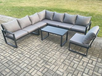 Fimous Aluminium 8 Seater Patio Outdoor Garden Furniture Lounge Corner Sofa Set with Oblong Coffee Table Dark Grey