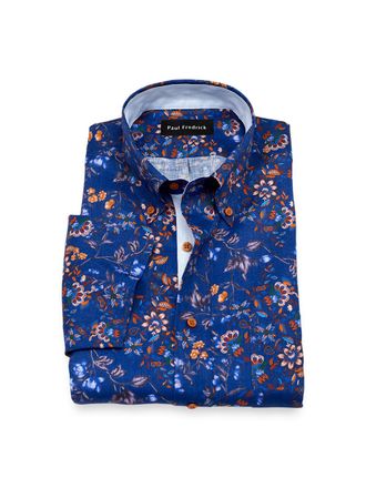 Paul Fredrick Non-iron Linen Floral Dress Shirt With Contrast Trim