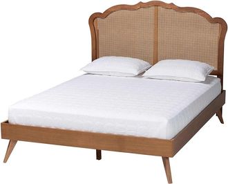 Baxton Studio Aithan Mid-Century Wood & Rattan Queen Size Platform Bed