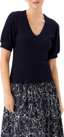 Karen Kane Puff Sleeve Rib V-Neck Top in Navy at Nordstrom, Size X-Large