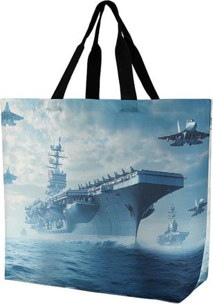 Generic Military USS Enterprise Battleship Fight Jets Large Reusable Shopping Bag Lightweight Foldable Tote Bags Washable Shoulder Handbag