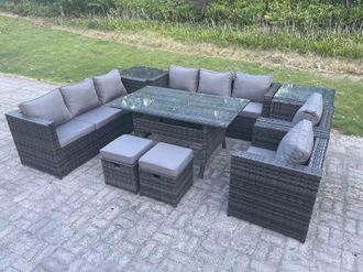 Fimous 10 Seater Garden Furniture Rattan Lounge Sofa Set Patio Dining Table with 2 Armchair 2 Side Table 2 Stools in Dark Grey