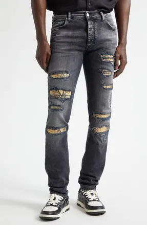 Amiri Snake Thrasher Ripped & Repaired Stretch Denim Skinny Jeans in Storm Black at Nordstrom, Size 36
