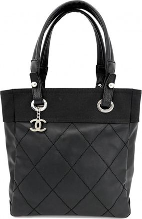 Chanel Black Coated Canvas Leather Handbag Tote Bag (Pre-Owned)