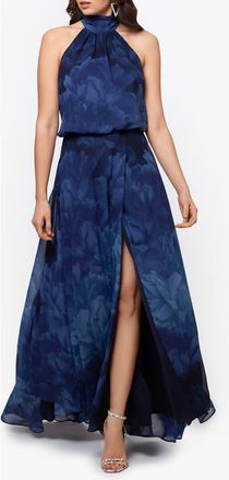 Betsy & Adam Tonal Floral Print Chiffon Gown in Navy/blue at Nordstrom, Size 12