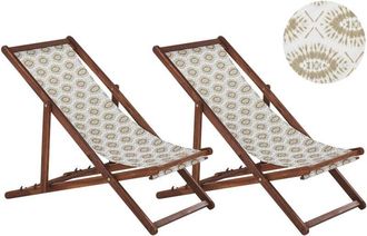 Beliani Set of 2 Folding Deck Chairs ANZIO with Replacement Fabrics Abstract Motif Acacia Wood Dark Brown