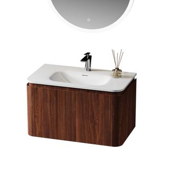 Royal Plaza Terra Badkamermeubelset - 80x47x46cm - solid surface wastafel wit glans - 1 wasbak - 1 kraangat - 2 lades - kastanje (walnoot)