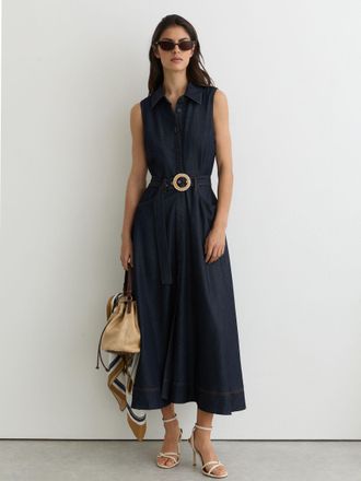 Reiss Indigo Blue Button-front Belted Denim Midi Dress, 10