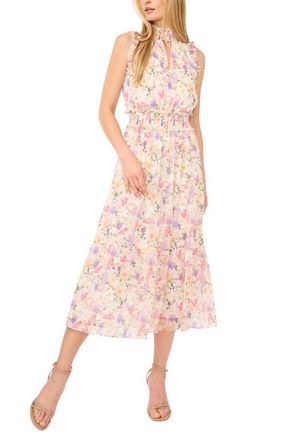 CeCe by Cynthia Steffe Floral Mock Neck Midi Dress in New Ivory at Nordstrom, Size X-Large