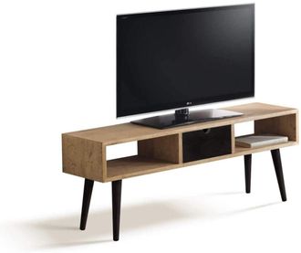 HOGAR 24 Mueble tv estilo industrial madera maciza de pino encerado y negro