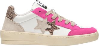 2Star 2Star, Schoenen, Dames, Veelkleurig, 38 EU, Leer, Witte leren sneaker met fuchsia, luipaard en ijs details