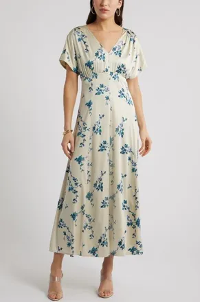 Chelsea28 Seamed Stretch Satin Maxi Dress in Green- Teal Faint Floral at Nordstrom, Size Xx-Small