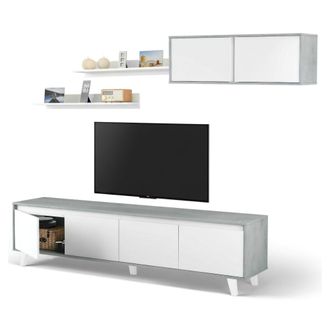 Dmora Dmora - Mueble De Pared Vergennes, Conjunto De Sal&oacute;n, Mueble De Sal&oacute;n Multiusos, Mueble De Pared Moderno, 200x41h50 Cm, Cemento Y Blanco Brillante, Co