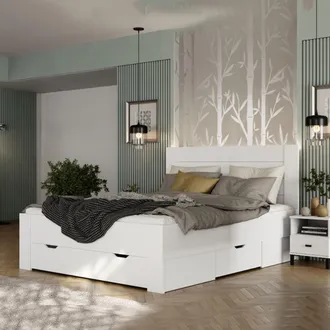 Dmora Cama Matrimonial Siwwa, Colch&oacute;n 160x200 Cm, Cabecero Efecto Listones, Soporte 200 Kg, Blanco Crema