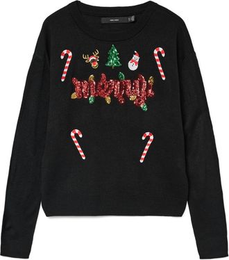 Vero Moda Weihnachtspullover VERO MODA VMGLITTER LS O-NECK XMAS BOX, Damen, Gr. M, schwarz detail:with seq, merry artwork, Strick, Obermaterial: 100% Polyacryl,