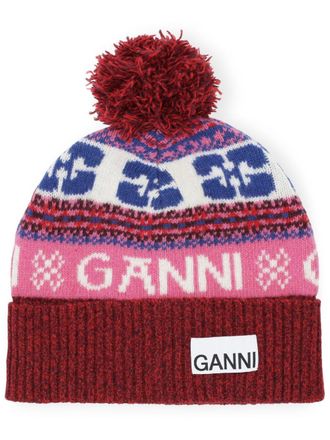 Ganni patterned-intarsia knitted beanie - Red