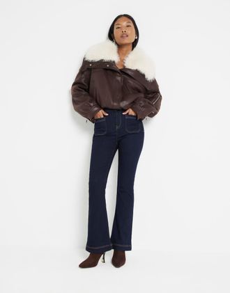 River Island Petite pocket front flare in darkwash blue