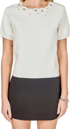 endless rose Embellished Floral Appliqu&eacute; Short Sleeve Sweater in Off White at Nordstrom, Size X-Small
