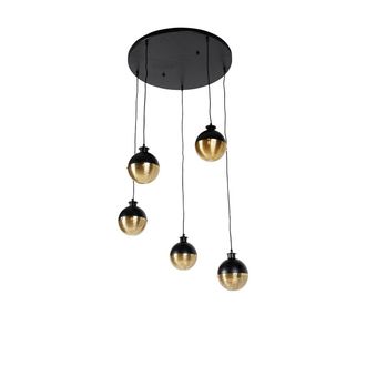 QAZQA Industrial L&aacute;mpara Colgante Industrial Negra Con Lat&oacute;n 5 Luces - Haicha Acero Redonda /esfera Adecuado Para Led Max. 5 X 25 Watt - Qazqa
