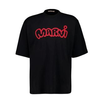 Marni Tops, Heren, Zwart, M, Katoen, Zwart Katoen Rood Logo T-Shirt