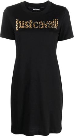 Just Cavalli Korte Mouw Zwarte Katoenen Jersey Jurk - Dames - Korte kleedjes - Zwart - XS - Katoen - Kleedjes