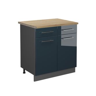 Vicco Mueble Bajo De Cocina Fame-line, Azul Oscuro Alto Brillo, 80 Cm, Et Roble