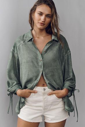 Pilcro Cinched-Sleeve Buttondown Top