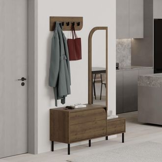 Decortie Mila Coat Stand Set Full-Length Mirror Shoe Cabinet 5 Hooks in Dark Brown | Size: 3 Pack