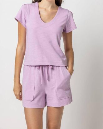 Lilla P Pleated Cap Sleeve V-Neck Tee In Calypso