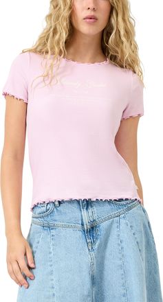 QS by s.Oliver Kurzarmshirt QS, Damen, Gr. XXL (44), rose, Feinripp, Obermaterial: 96% Baumwolle, 4% Elasthan, bedruckt, tailliert h&uuml;ftbedeckend, Rundhals, gewellter