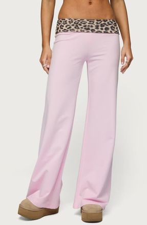Edikted Leopard Print Foldover Waist Wide Leg Pants in Pink at Nordstrom, Size X-Small