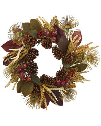 Nearly Natural 27In Leaf, Berry, Antler & Peacock Feather Artificial Wreath