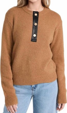 Frame Denim Leather Placket Henley Sweater In Camel