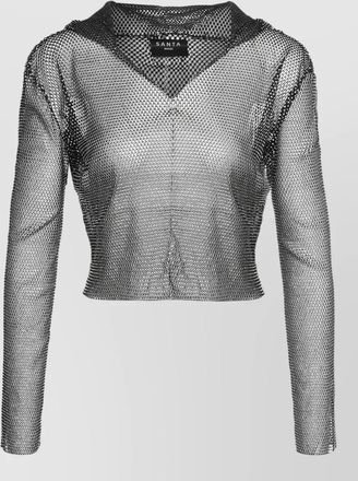 Santa Brands rhinestone mesh hooded cropped long sleeve top