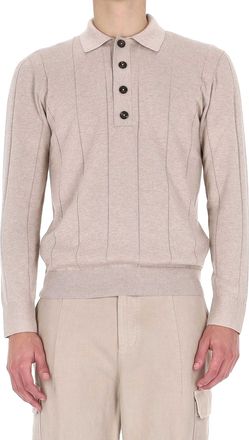 Eleventy Fine Cotton-Cashmere Long-Sleeve Polo with Horn Buttons