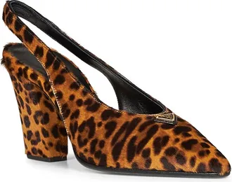 Prada Womens Slingback Pumps Honey Leopard Calf Hair Multicolour Leather High Heel Shoes