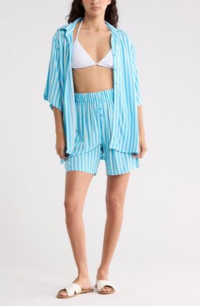Abound Easy Printed Cover-Up Shirt & Shorts Set in Green- Blue Botantical Stripe at Nordstrom Rack, Size X-Small